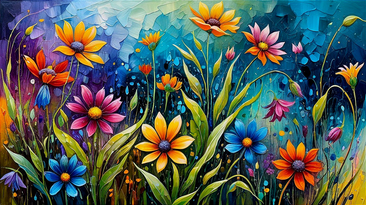 Vibrant Abstract Landscape with Colorful Flowers