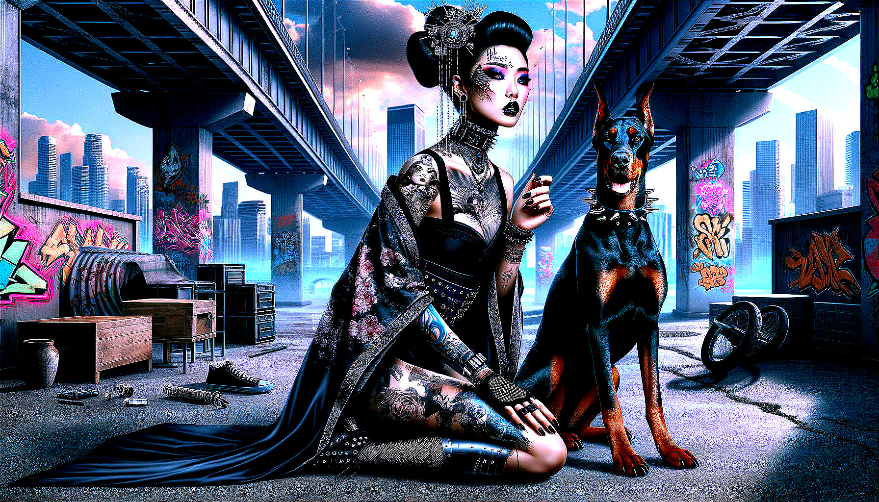 Woman with Tattoos and Doberman in Urban Setting