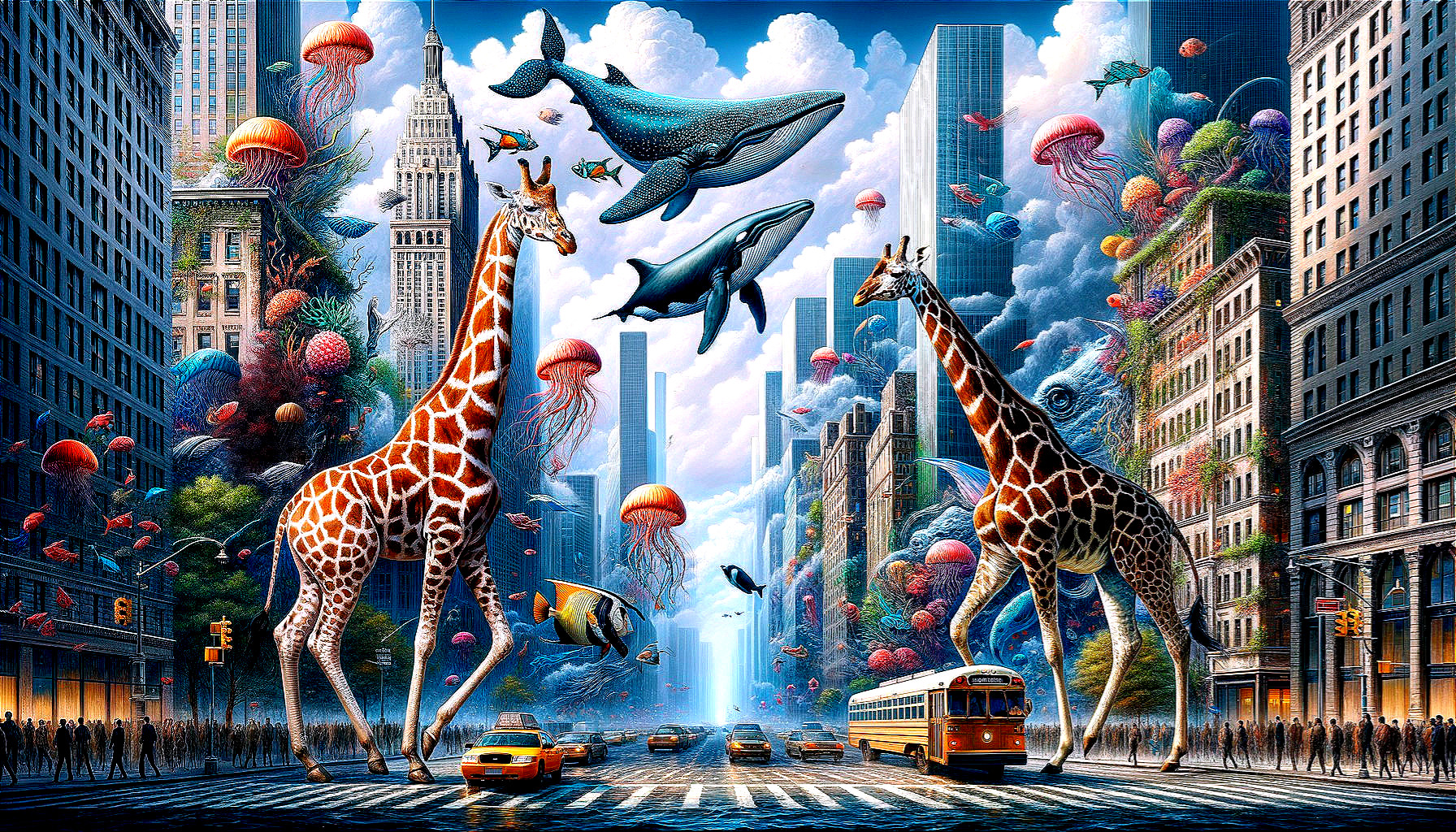 Urban Scene with Giraffes and Underwater Creatures