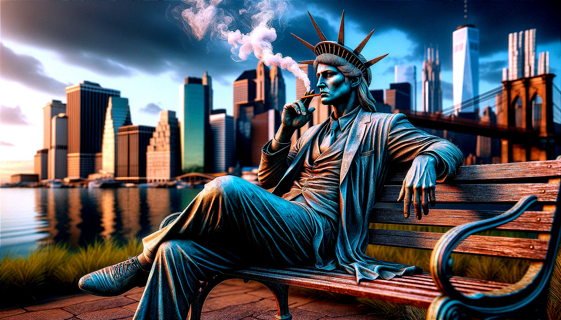 Sculpture of Liberty Figure on Bench with Skyline Backdrop