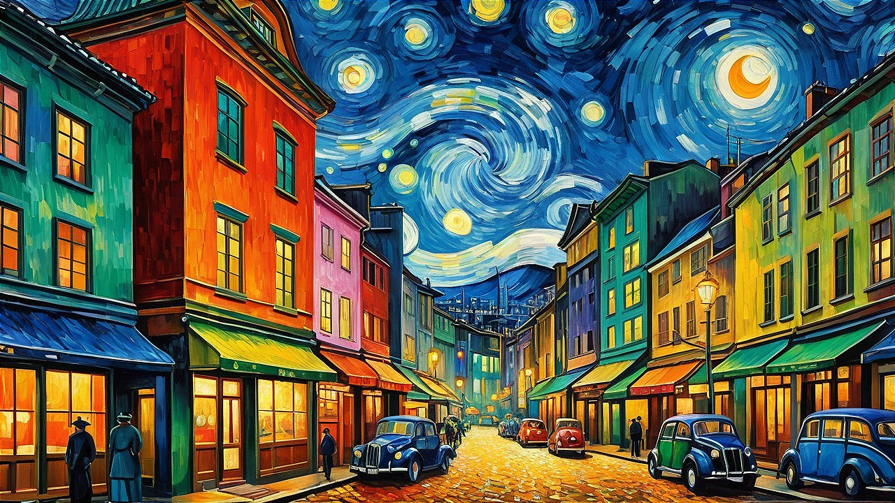 Vibrant Night Street Scene with Stars and Moonlight