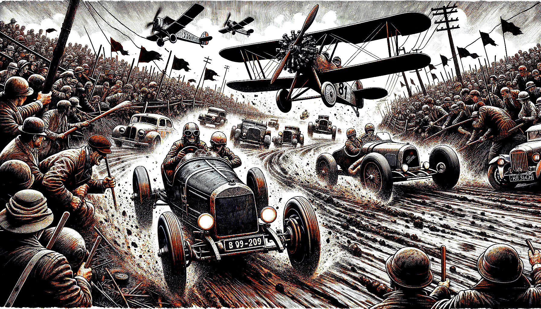 Vintage Car Race Amidst War with Soldiers and Planes