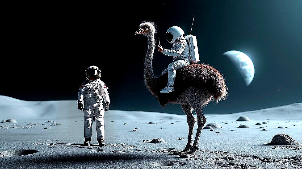 Surreal Scene of Astronauts and Ostrich on Moon