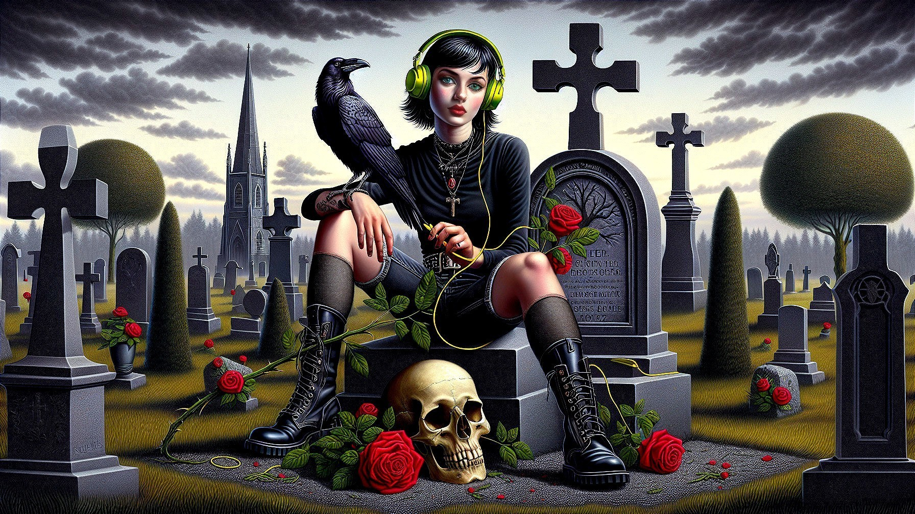 Young Woman in Graveyard with Raven and Roses