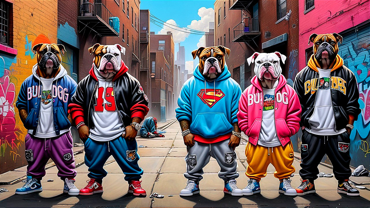 Colorful Urban Scene with Stylish Bulldogs in Streetwear