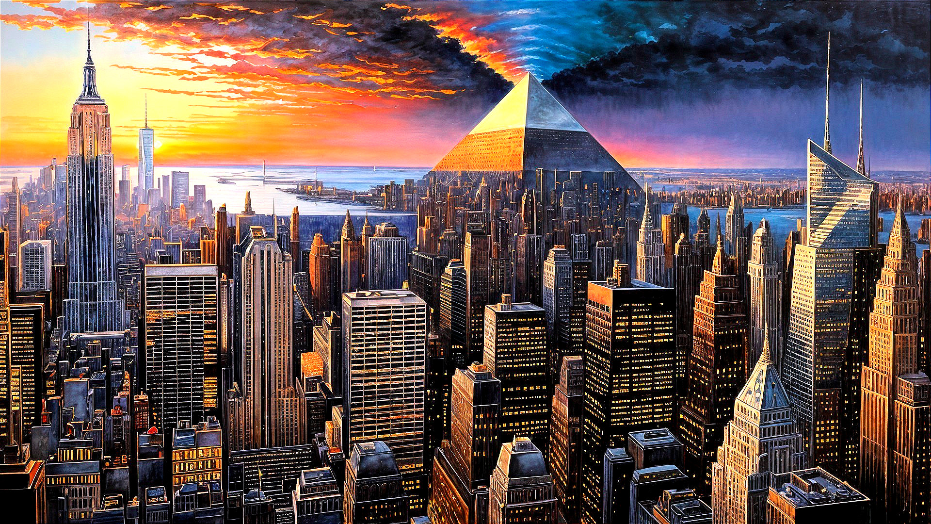 Dramatic Cityscape at Sunset with Skyscrapers and Pyramid