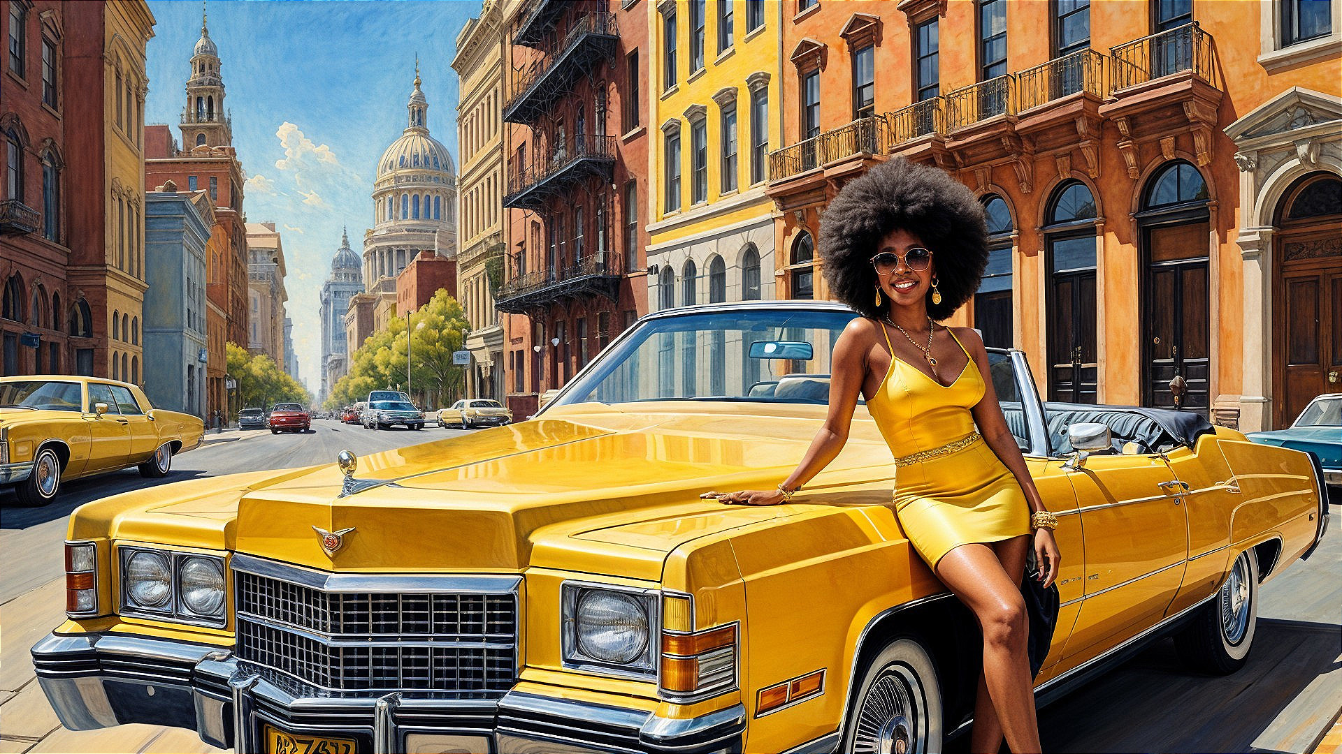 Confident Woman in Yellow Dress by Cadillac in City