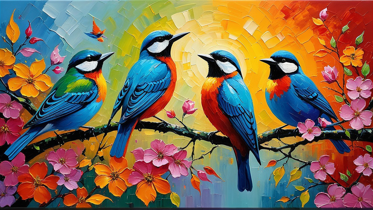 Colorful Painting of Birds on a Flowering Branch