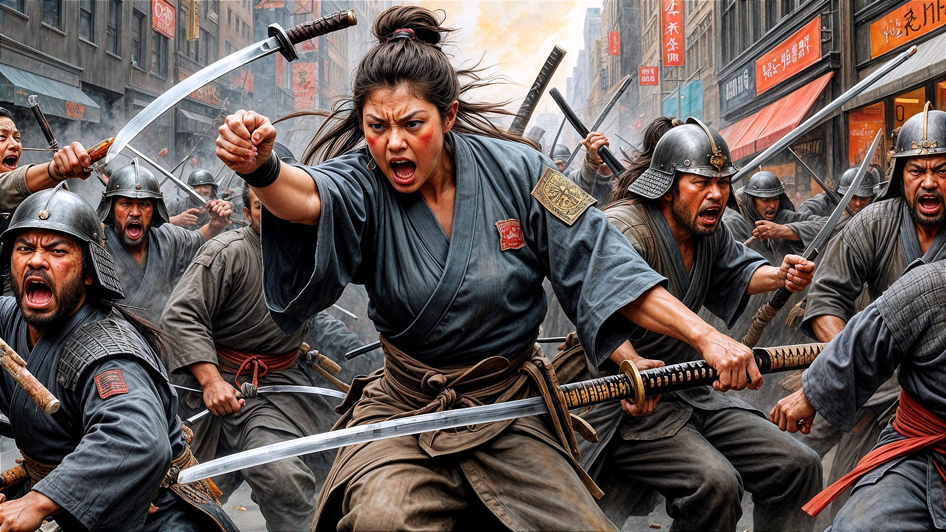 Warrior in Urban Battle Scene with Combatants and Action