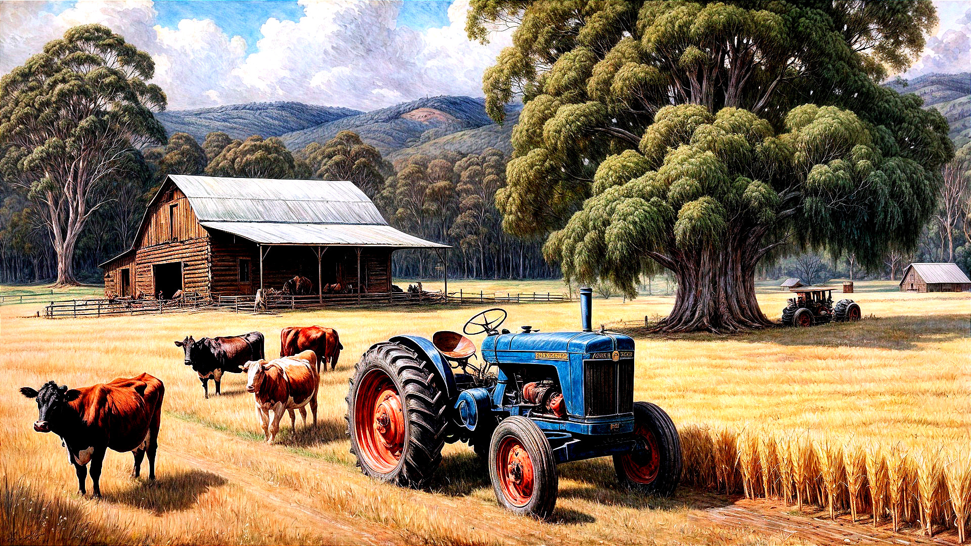 Vibrant Countryside Scene with Tractor and Barn