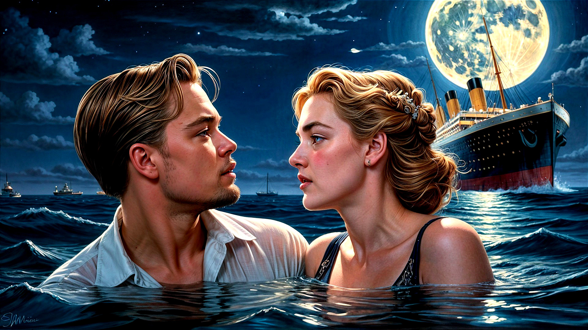 Romantic Scene of a Couple by Titanic Under Moonlight