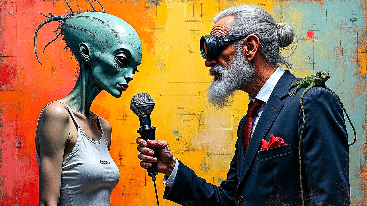 Alien and Elderly Man in Abstract Encounter