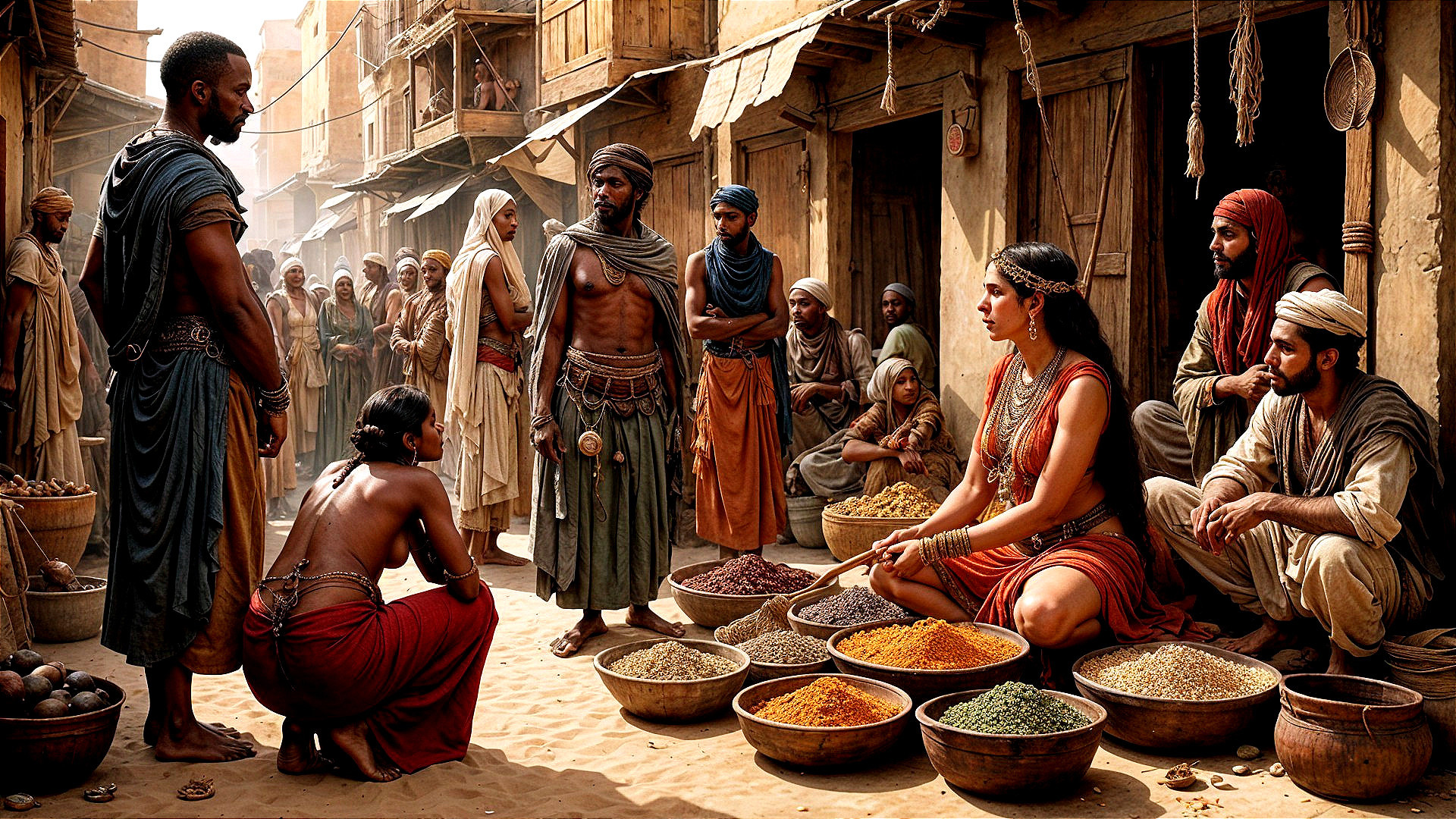 Marketplace Scene with Colorful Spices and Trade