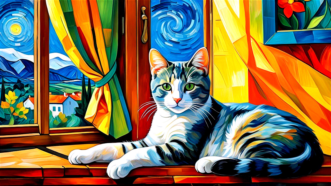 Colorful Painting of a Tabby Cat on a Windowsill