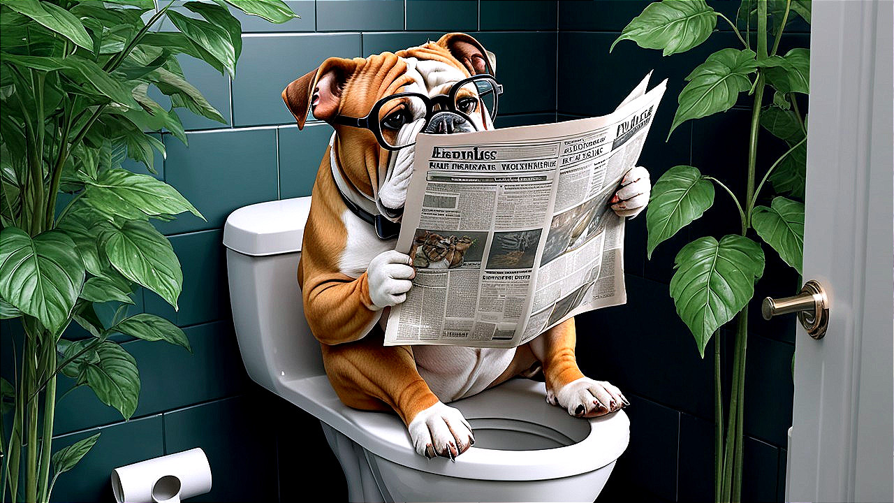 Bulldog in Glasses Reading Newspaper on Toilet
