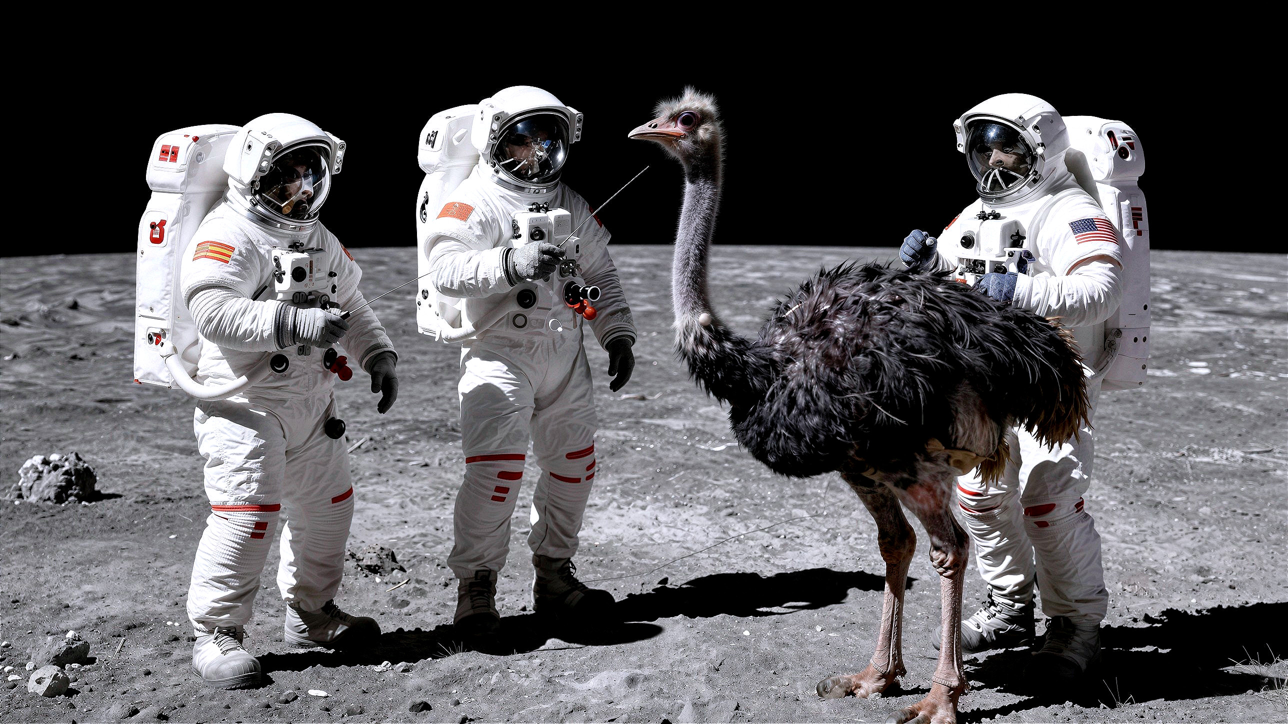 Astronauts and Ostrich on Moon-like Surface at Night
