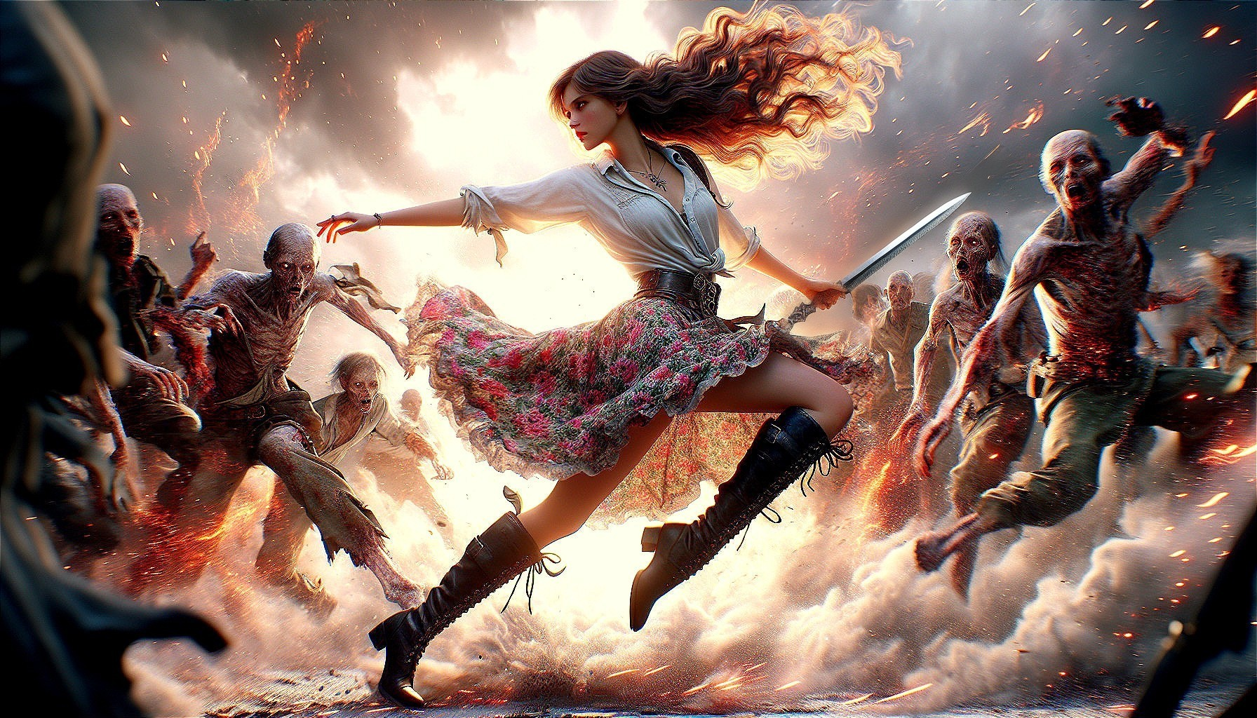 Fierce Woman with Rifle Faces Zombies in Chaotic Scene