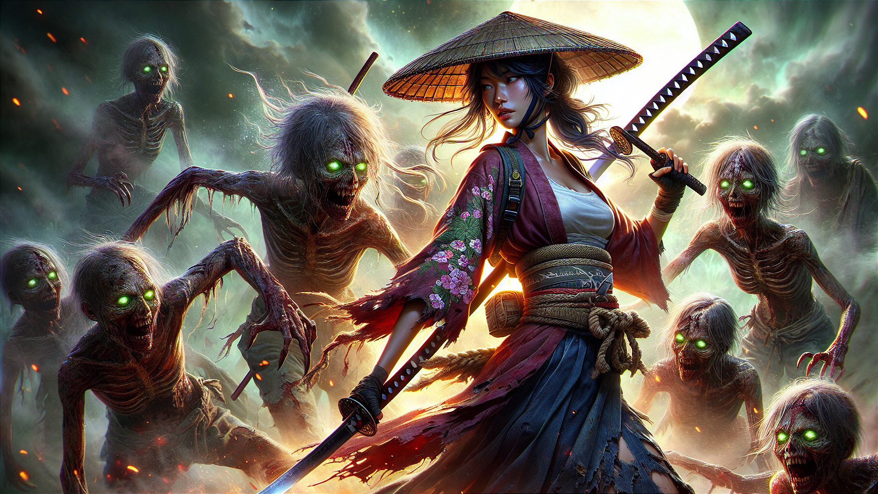 Warrior in Kimono Faces Zombies Under Full Moon