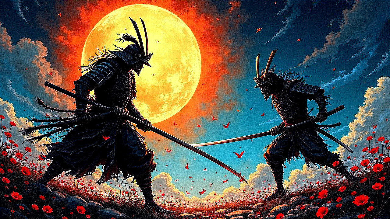 Samurai Warriors in Twilight Amidst Red Poppies