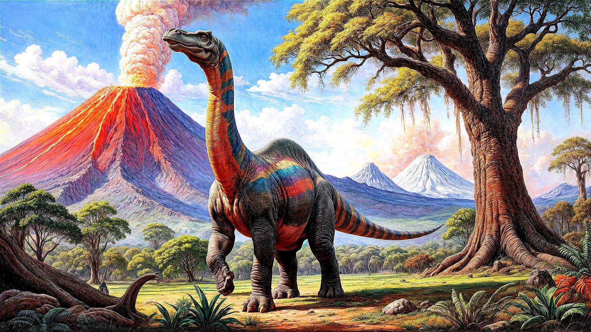 Vibrant Prehistoric Landscape with Colorful Dinosaur