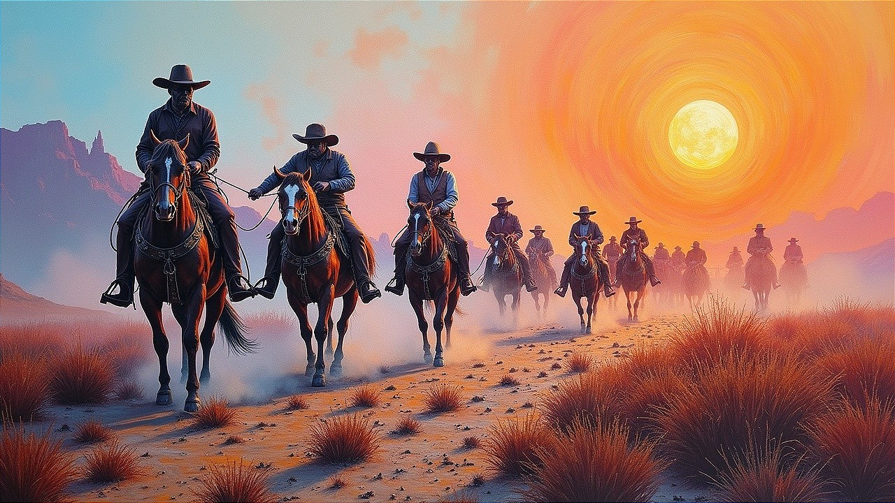 Cowboys Riding Through Desert at Sunset with Mountains