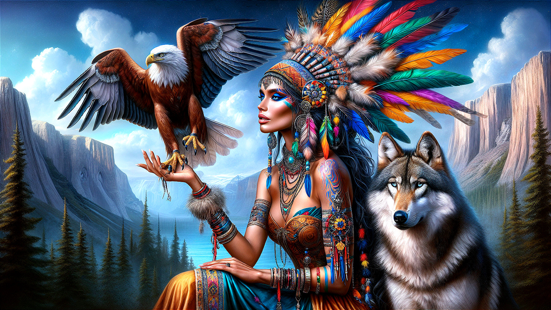 Native American Woman with Eagle and Wolf in Nature