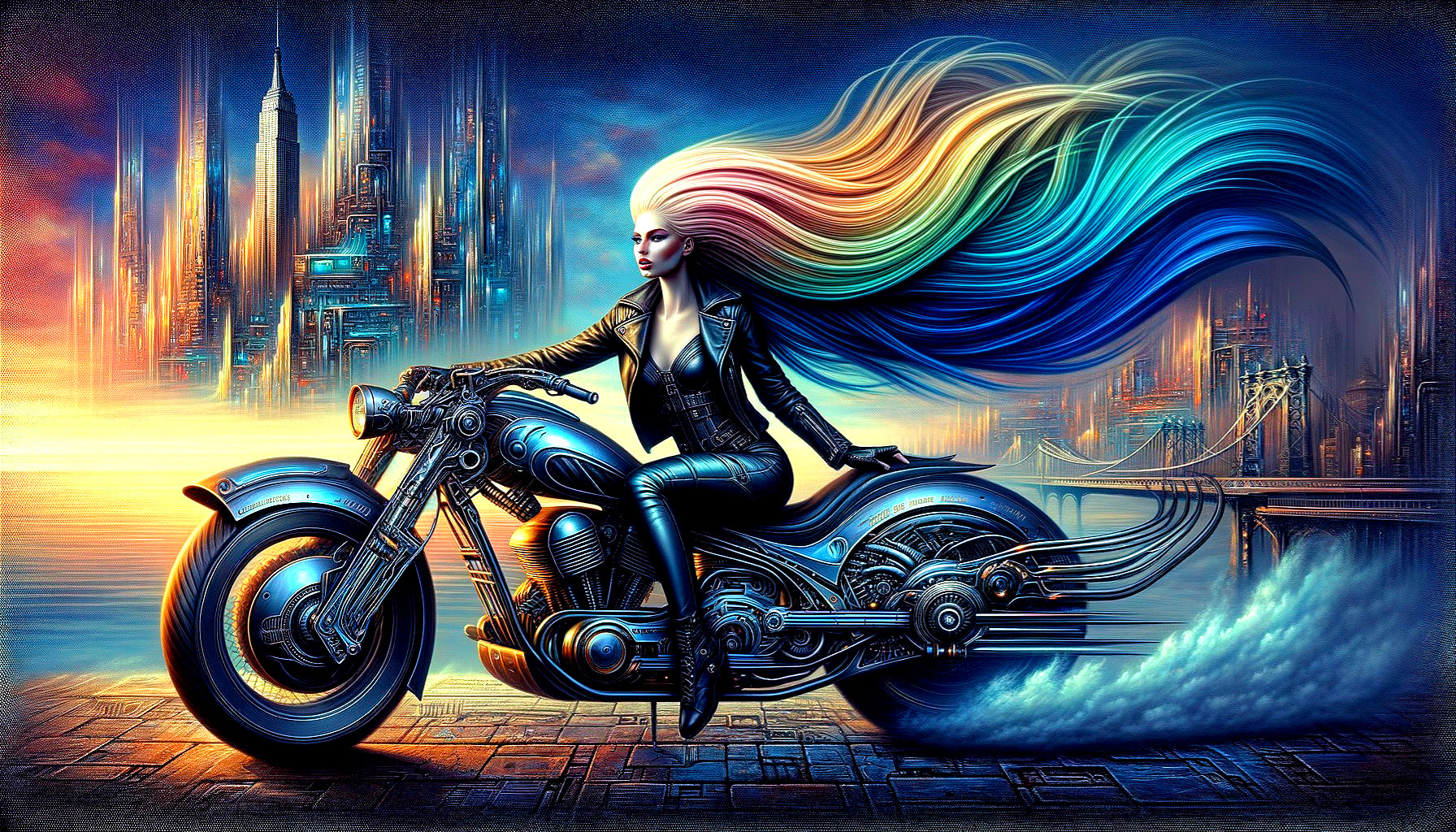 Futuristic Scene of Woman with Rainbow Hair on Motorcycle