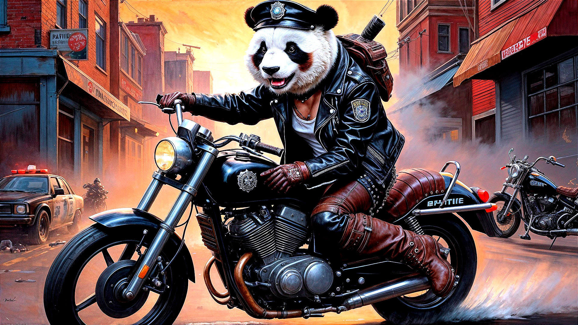 Panda Motorcycle Officer in Urban Action Scene