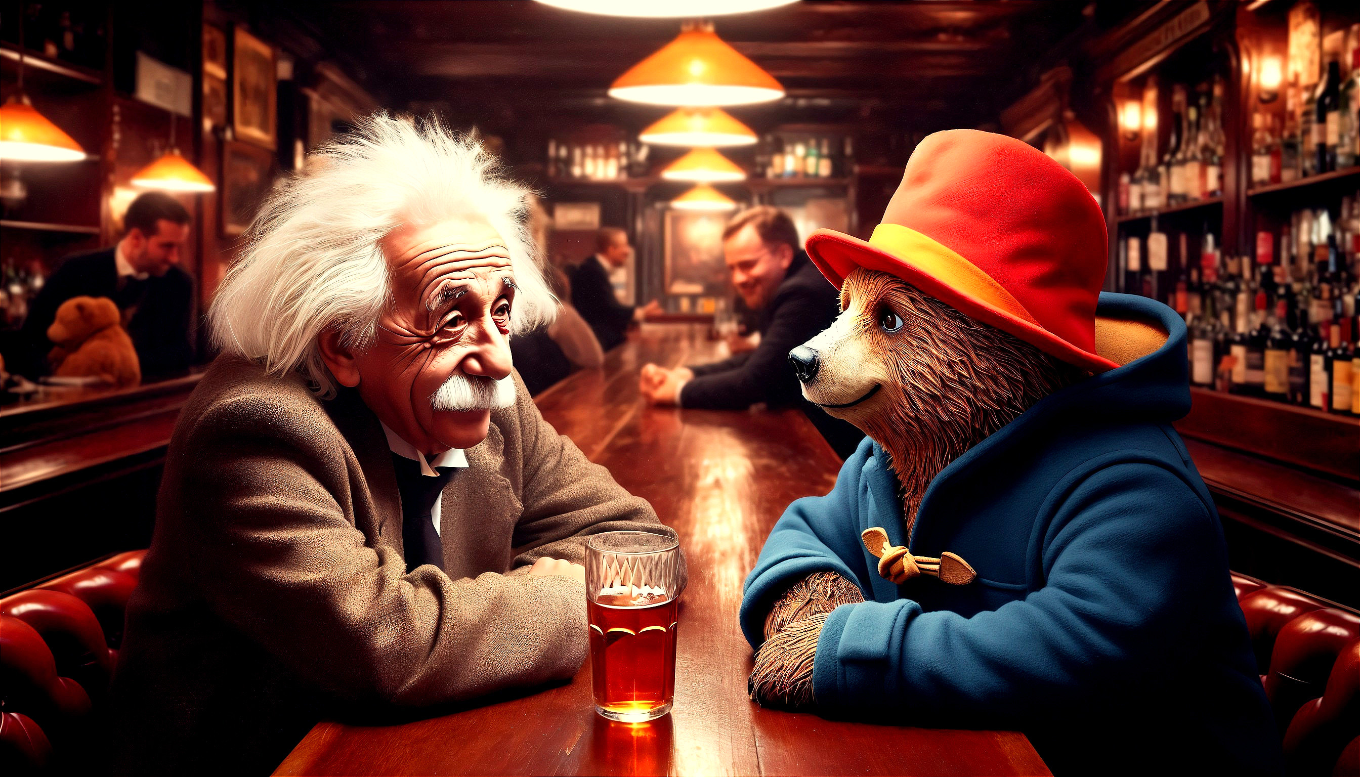 Bear in Coat and Man in Pub Engaged in Conversation