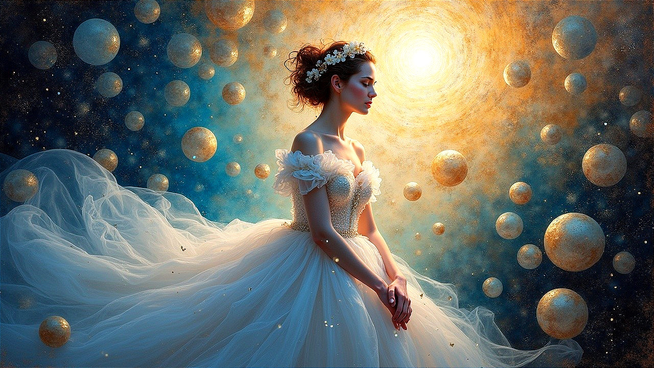 Serene figure in white gown amidst cosmic background