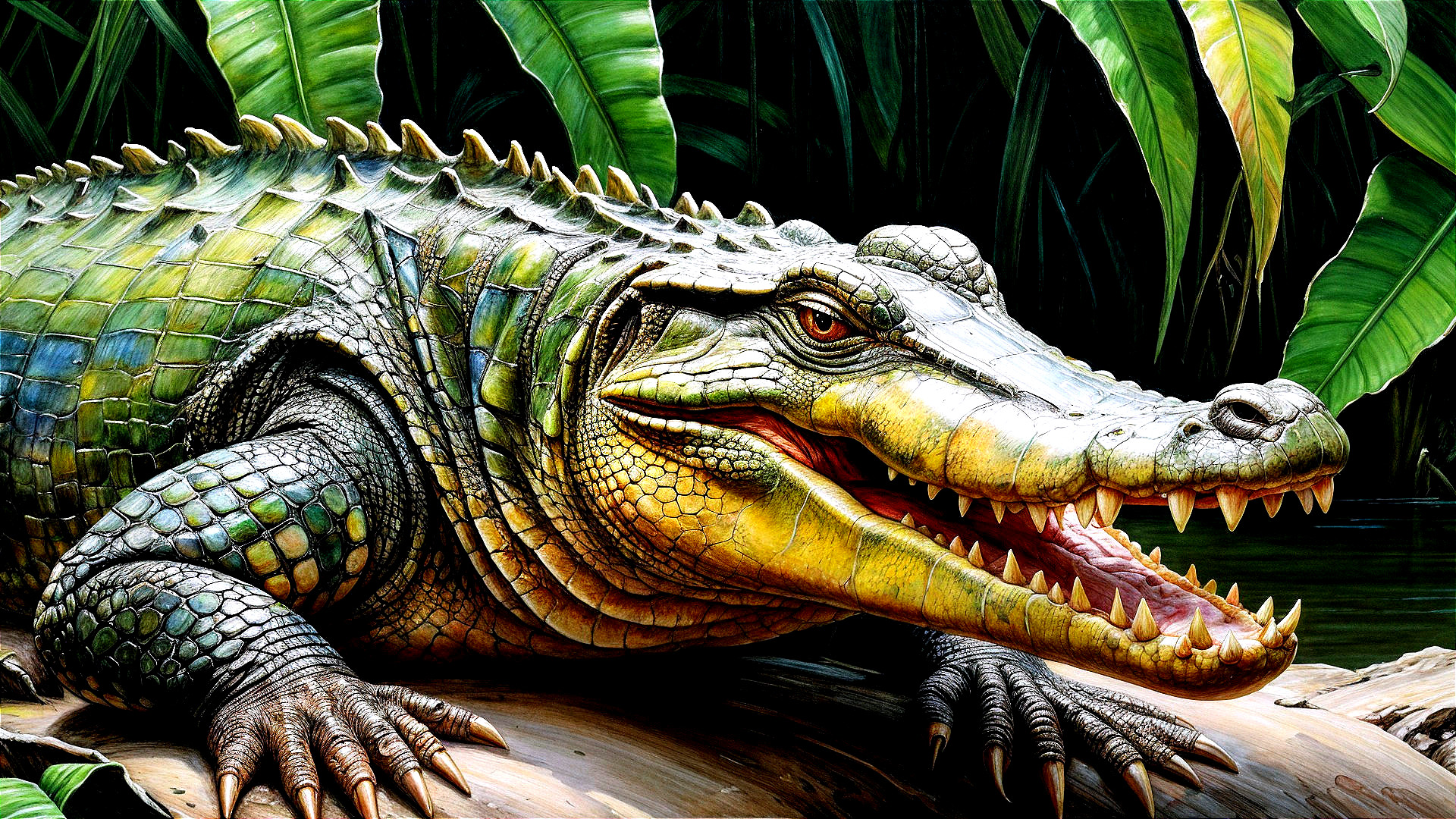 Vibrant Illustration of a Crocodile on a Log