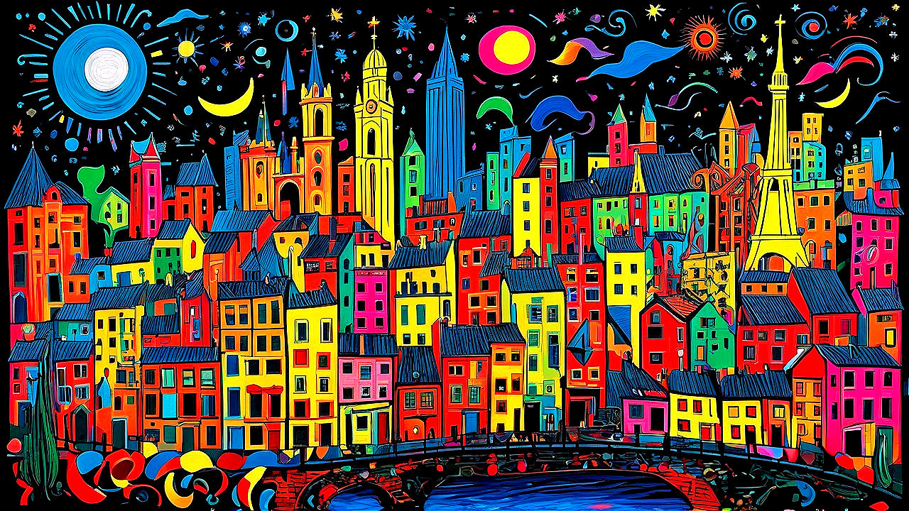 Colorful Cityscape with Whimsical Architecture at Night