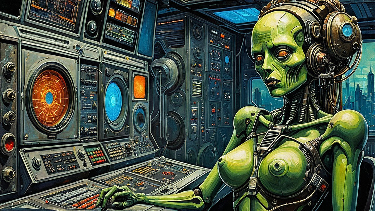 Futuristic Green-Skinned Robot at Control Panel