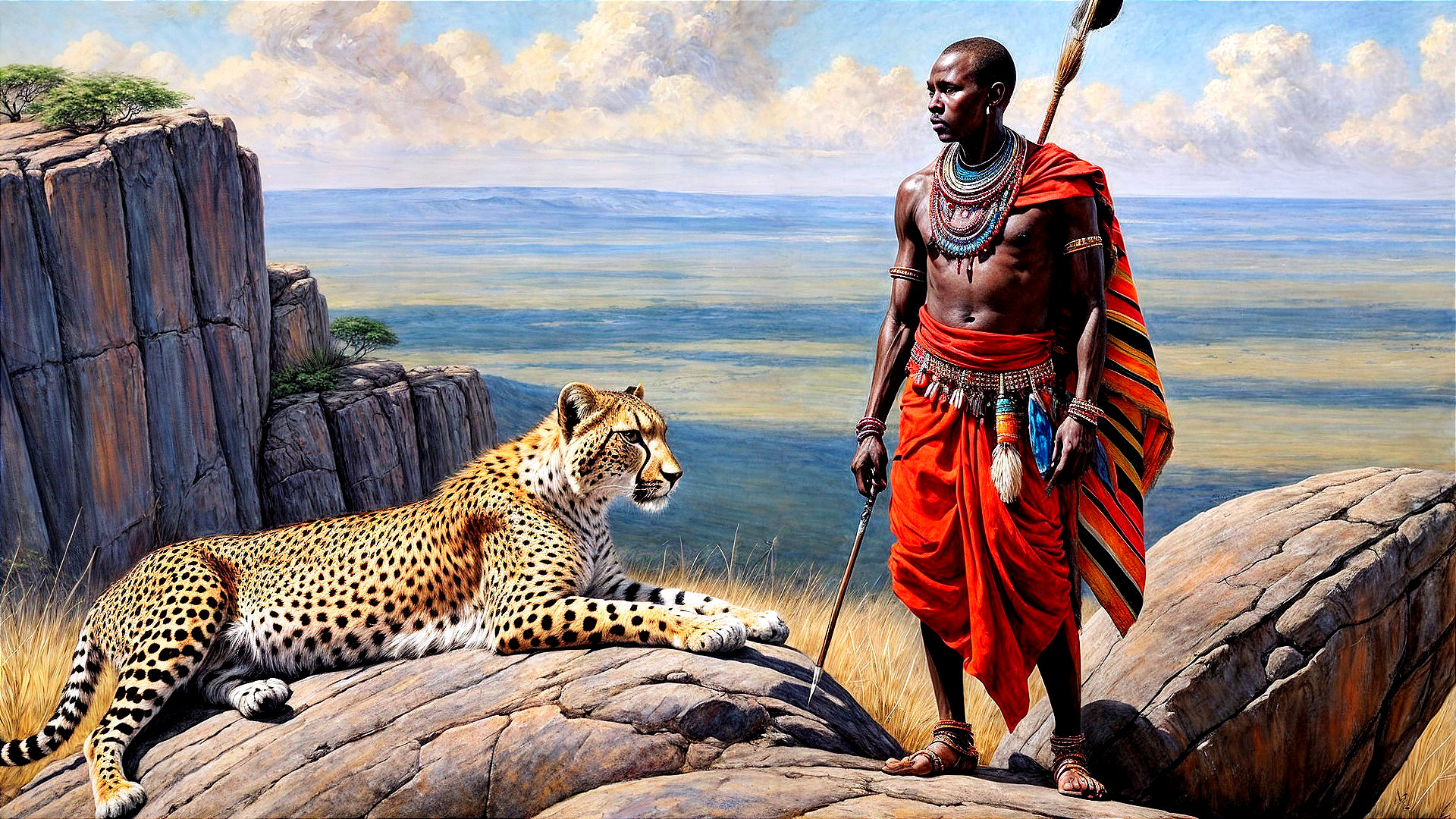 Maasai Warrior and Leopard in African Savannah Landscape