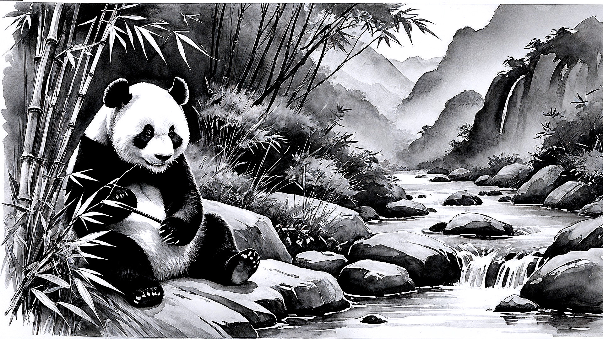 Black and white illustration of a panda by a stream