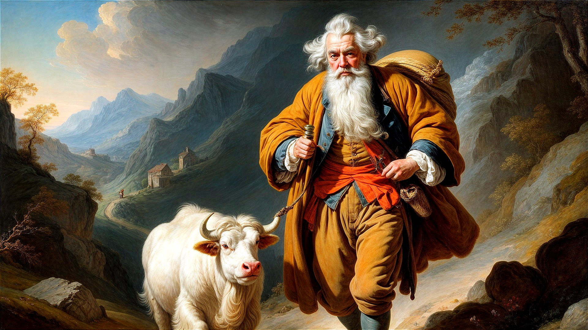 Elderly Shepherd with Cow in Mountainous Landscape