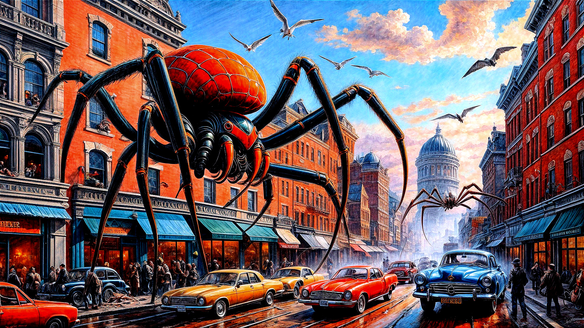 Vintage Cars and Spiders in a Cityscape Scene