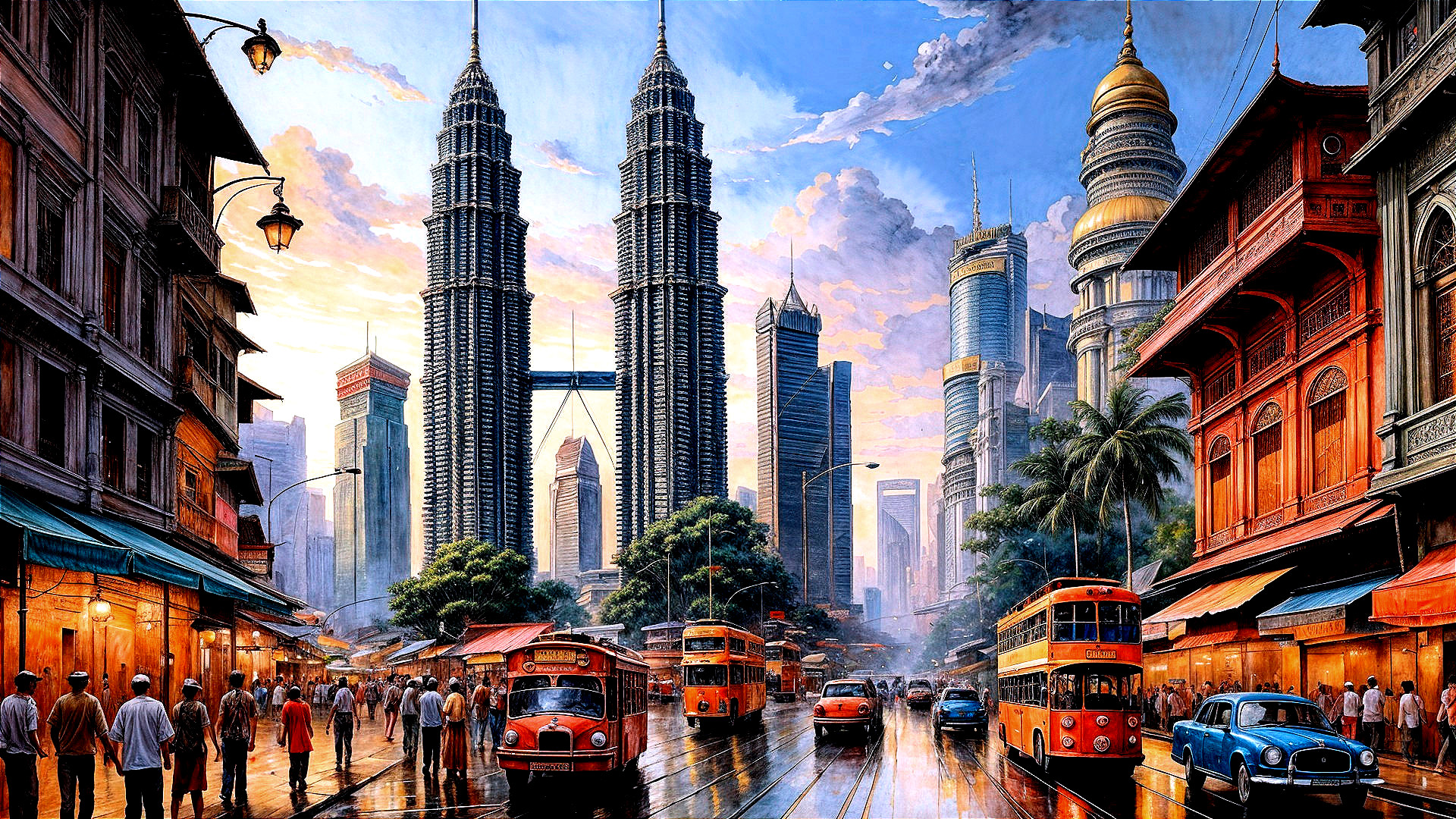 Kuala Lumpur Cityscape with Petronas Towers and Markets