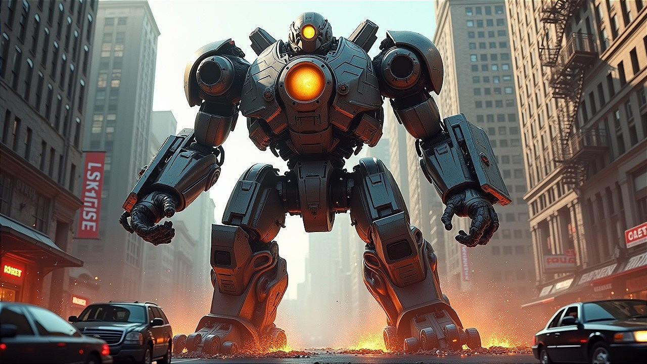 Futuristic robot dominates busy city street scene
