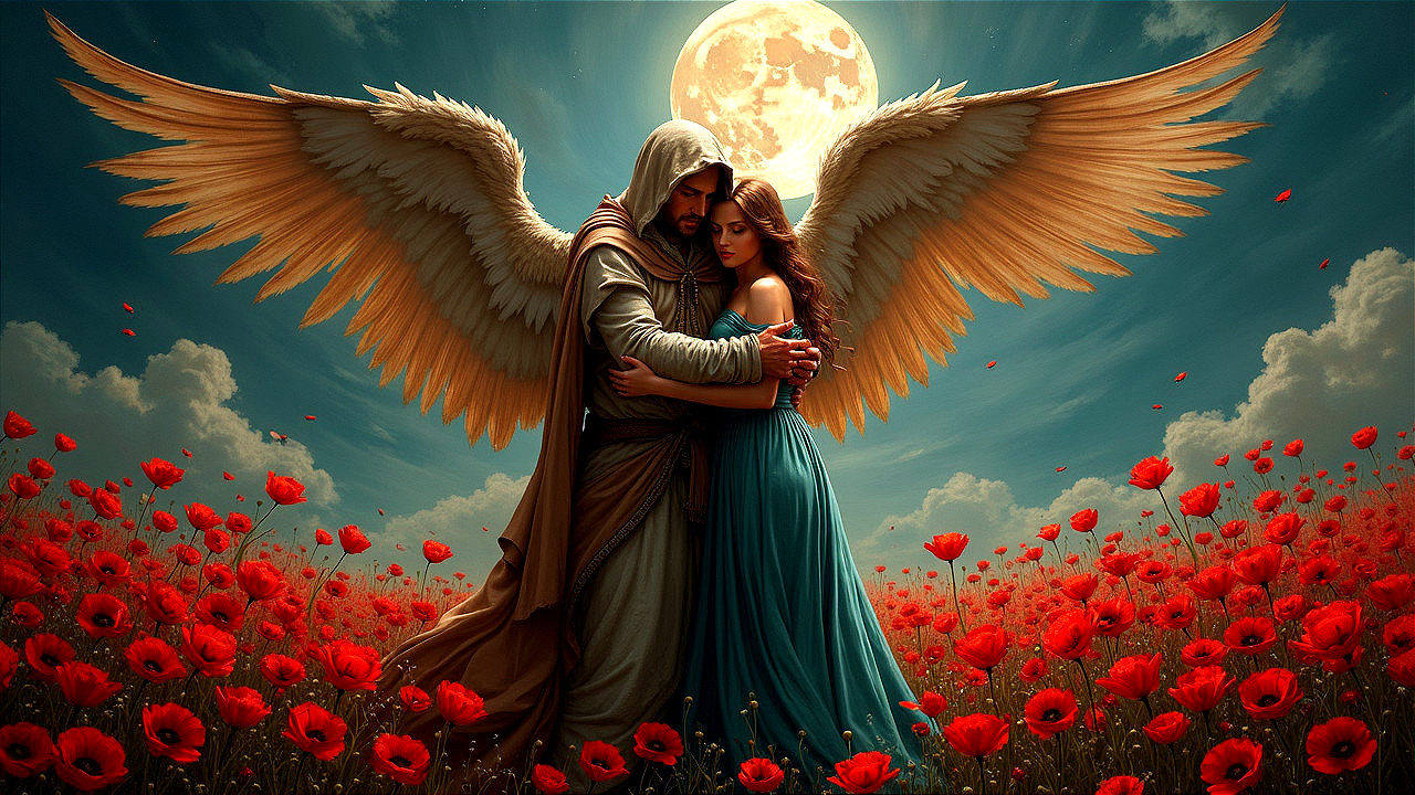 Majestic figure with golden wings in poppy field