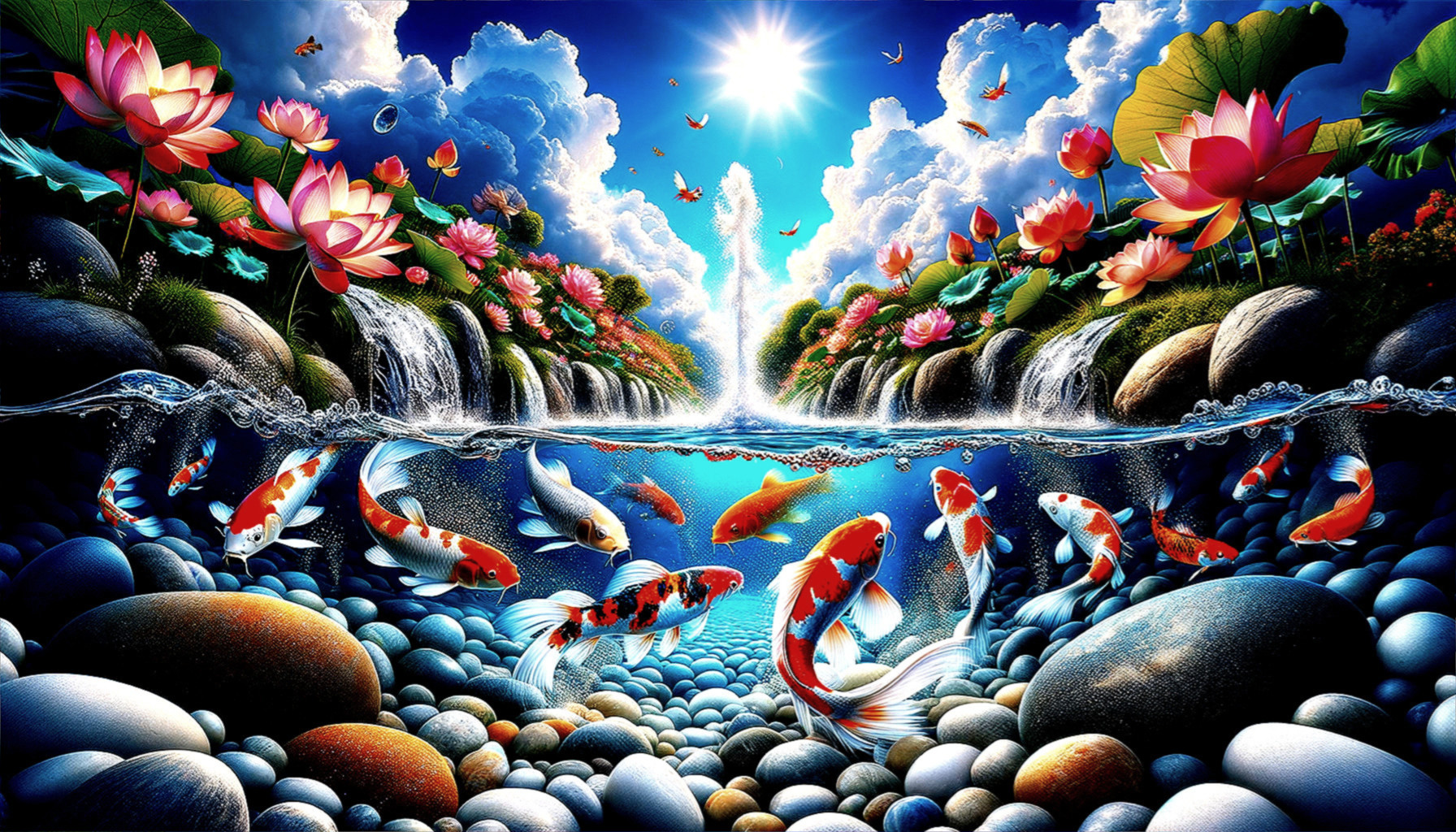 Colorful koi fish in clear water with lotus flowers and waterfalls.