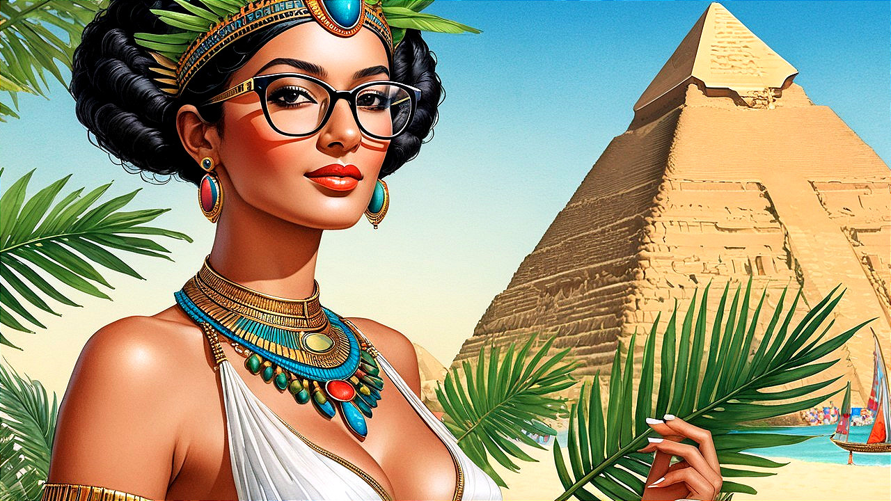Stylish Woman in Ancient Egyptian Attire with Pyramids