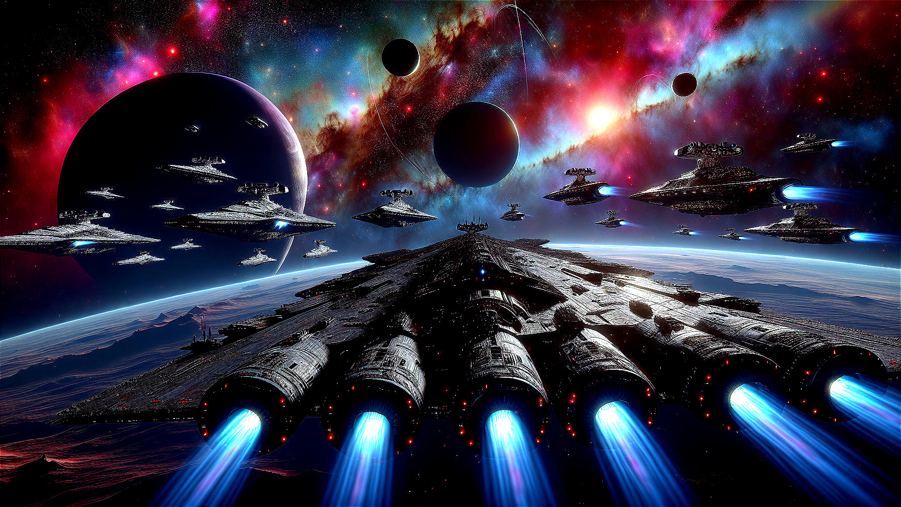 Cosmic Scene with Spaceships and Vibrant Galaxies