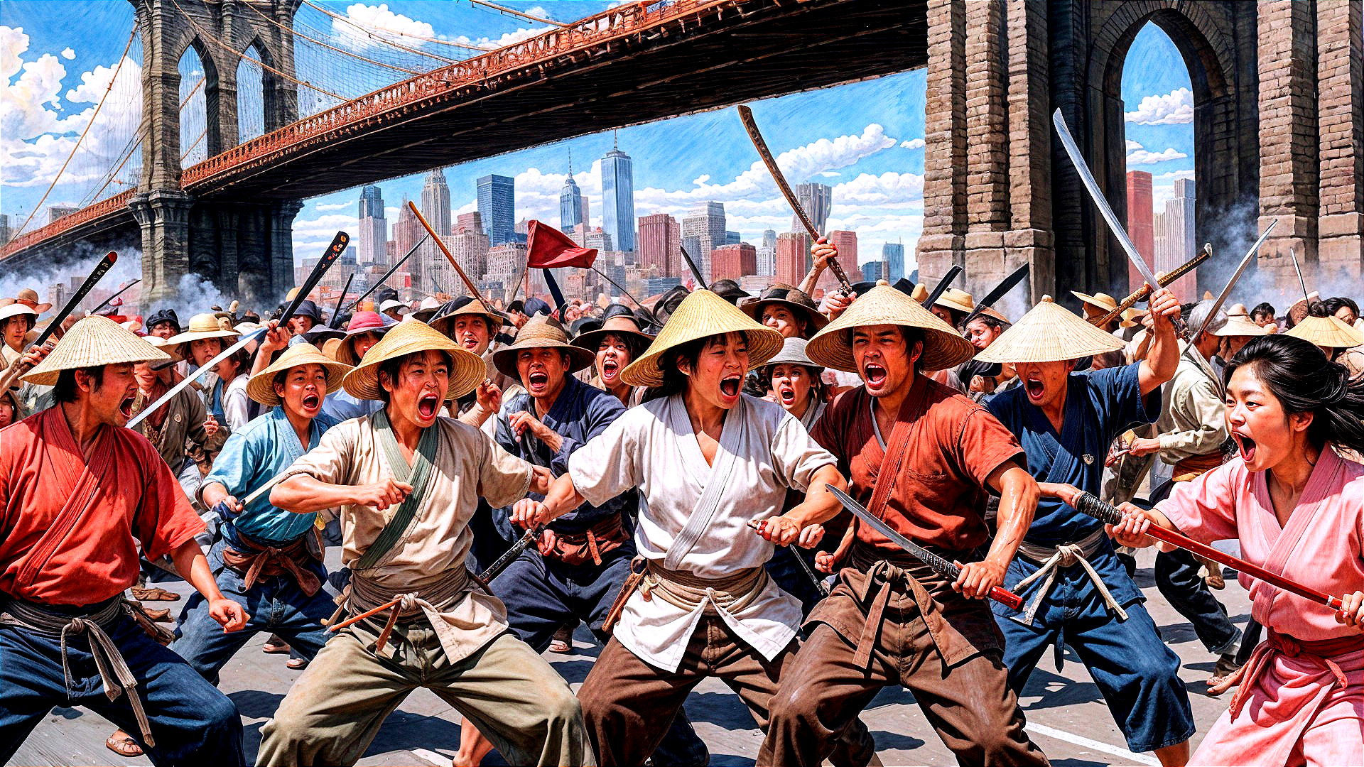 Battle Scene at Brooklyn Bridge with Armed Warriors