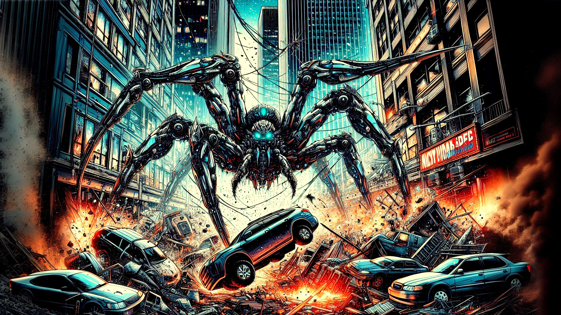 Robotic Spider Creates Destruction in Urban Landscape