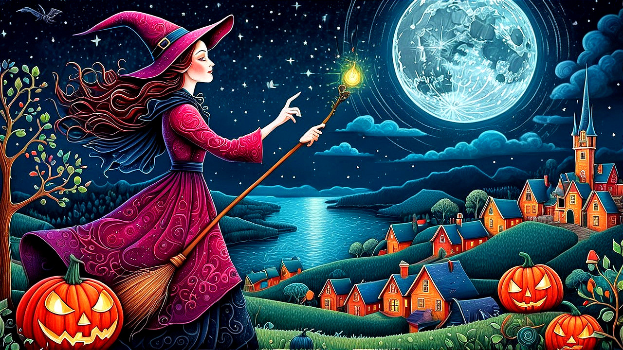 Whimsical Witch Flying Over a Starry Night Landscape