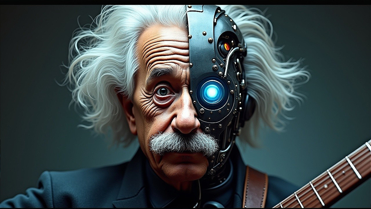Elderly Man with Cyborg Face and Guitar Design