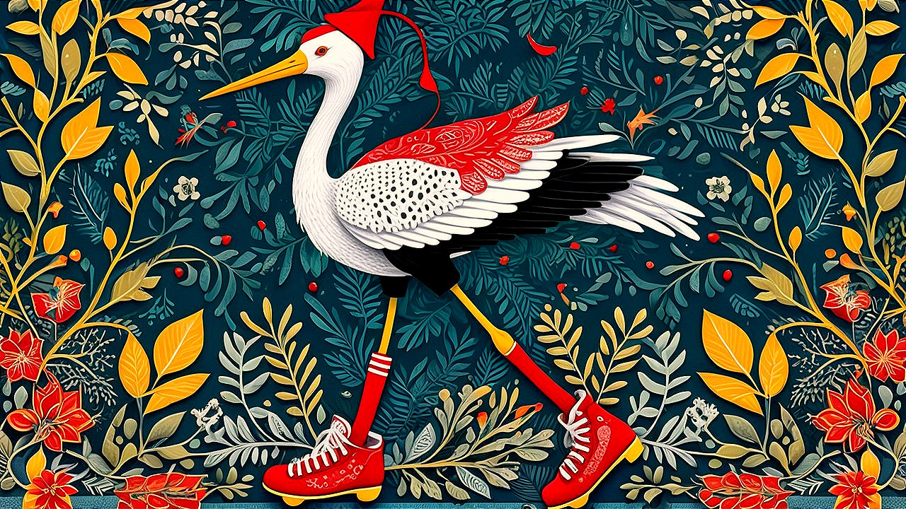 Stylized Stork in Red Hat and Colorful Roller Skates