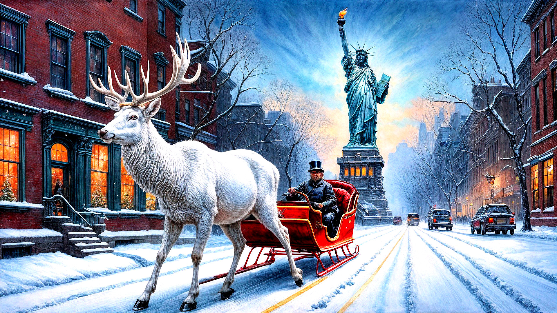 Winter Scene with Sleigh, Reindeer, and Cityscape