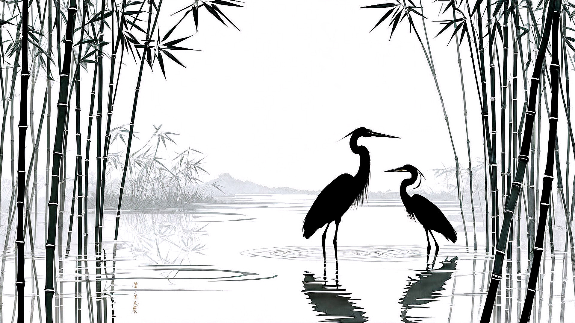 Herons in Still Water Surrounded by Bamboo Stalks
